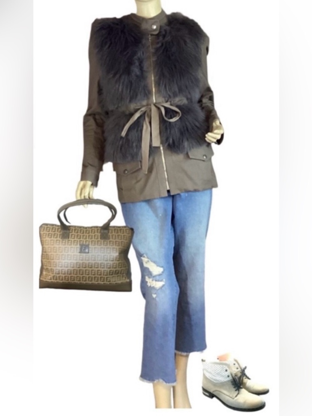 LOEFFLER RANDALL GREY FAUX FUR & GREEN COTTON JACKET (0)